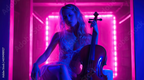 Classic musician performance on stage, Neon night photography