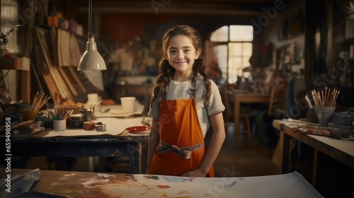 Smiling 10 year old girl with wavy brown hair taking art classes in a painting studio. She wears an orange apron. Image generated with AI photo