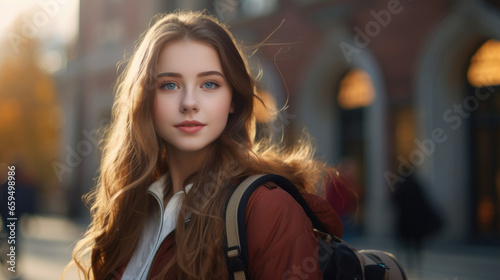 young girl student outside college, Female college or university student, Caucasian young woman model wearing school bag, generative ai © OP38Studio