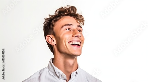 Portrait of handsome smiling young man looking up