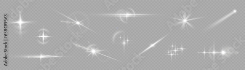 White sparks and golden stars shine with special light. Vector sparkles on a transparent background. Sparkling magical dust particles. Flash sunlight sparck. Glow sparkle effect. Abstract lens flare