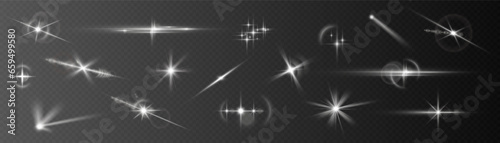 White sparks and golden stars shine with special light. Vector sparkles on a transparent background. Sparkling magical dust particles. Flash sunlight sparck. Glow sparkle effect. Abstract lens flare