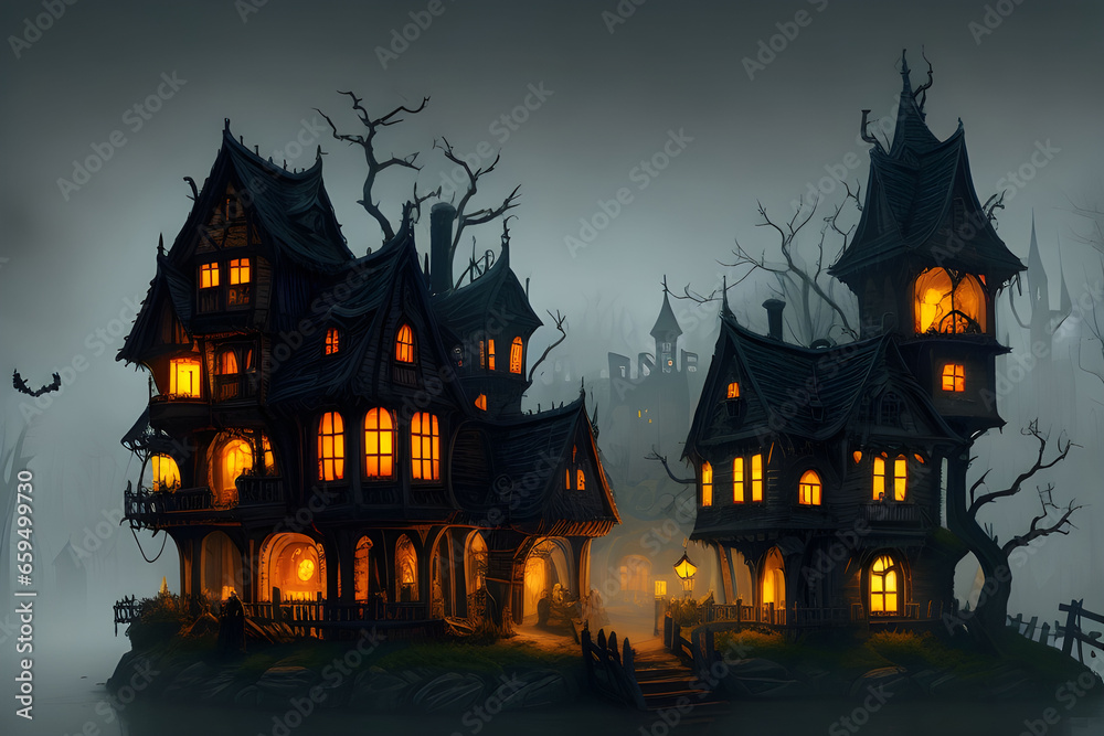Haunted Halloween Village by Misty River. AI Generative Illustration. Haunted Halloween Village by Misty River. AI Generative Illustration.