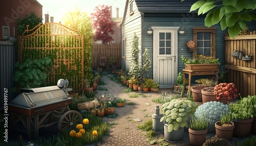 wooden shed backyard gardening vegetables, green flora, farmlife design illustration photo