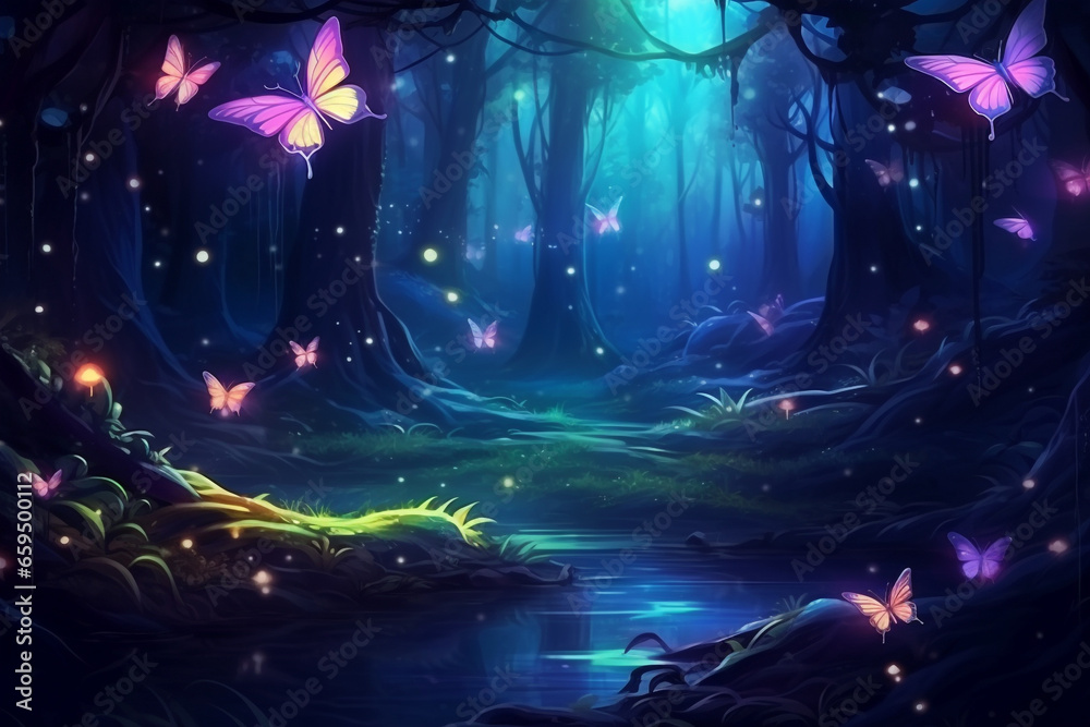 Fireflies and butterflies fluttering in the night fantasy magical forest. Fairy tale concept, neon lights, 3d rendering elements Fireflies and butterflies fluttering in the night fantasy magical forest. Fairy tale concept, neon lights, 3d rendering elements