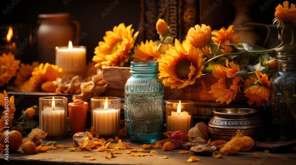 A humble altar adorned with marigolds and candles , Background Image,Desktop Wallpaper Backgrounds, HD