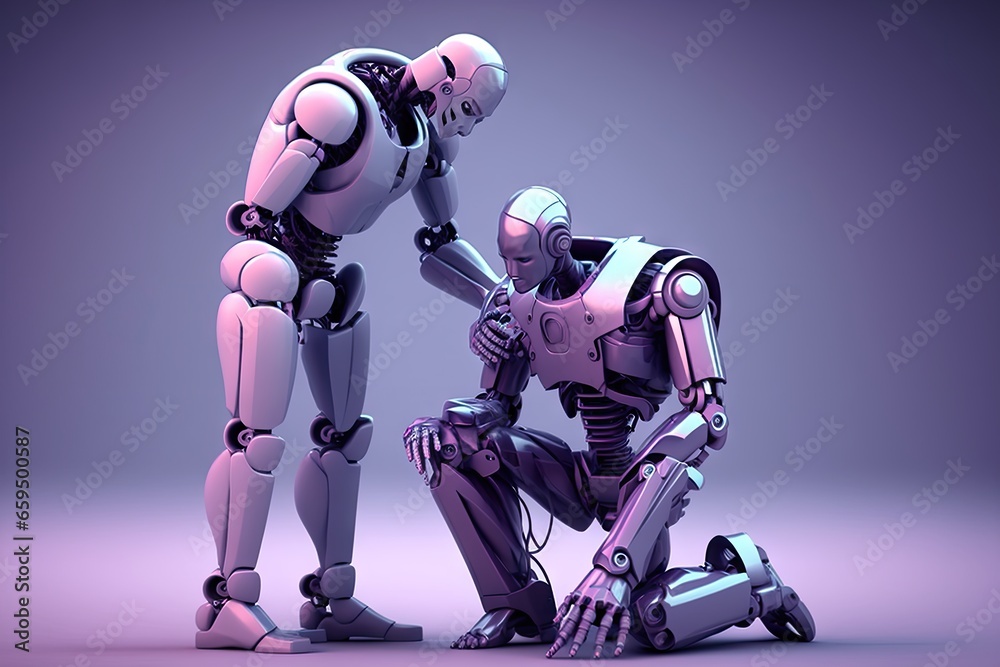 Robot couple embracing each other in purple background Robot couple embracing each other in purple background