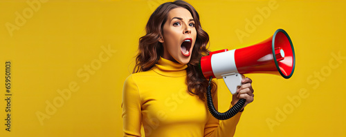 happy young brunette woman 20s screaming in megaphone