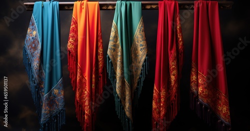 a bunch of different colored scarves hanging on a rack, silk tarps