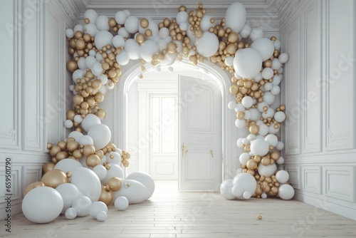 Sophisticated White and Gold Balloon Display for Celebratory Events, Bright white Light shine from door, copy space photo