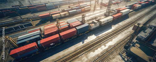 View of railway tracks in container cargo warehouse for transportation. Many freight trains at the train station. generative ai