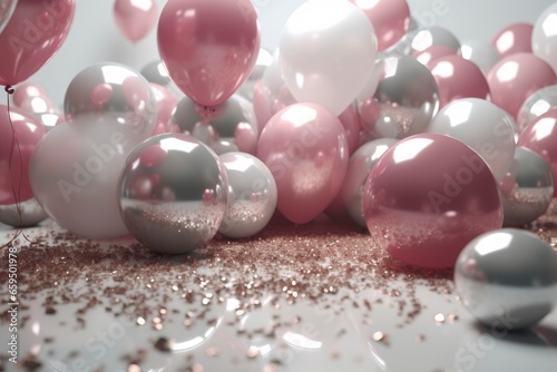 Celebration Party Scene with Assorted Pink, White, and Silver Balloons and Glitter Confetti on Floor
