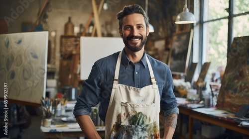 
Sexy, bearded 35 year old man taking art classes in a painting studio. He wears a blue shirt and a white apron. Image generated with AI. photo