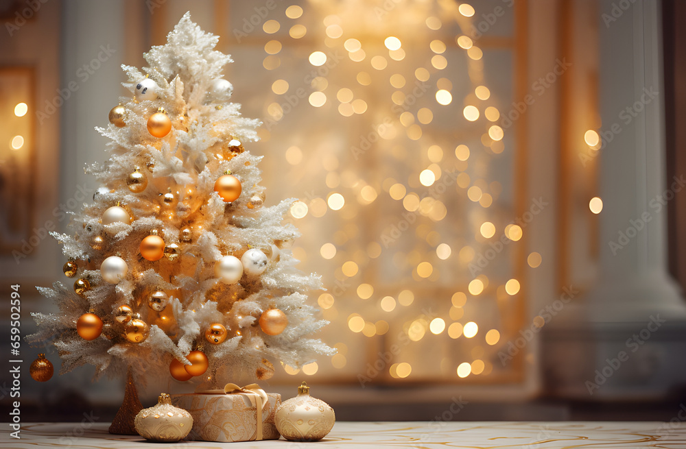 Uma linda arvore de natal em branco e dourado com presentes dourados com um fundo elegante de luzes