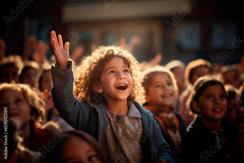 Young latin school girl raising hand on an open air class at elementary school. Generative AI.