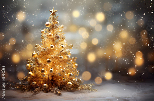Uma bela arvore de natal dourada com fundo de luzes e neve