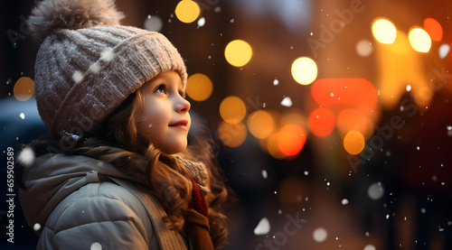 Uma linda menina olhando para luzes e neve ao seu redor photo