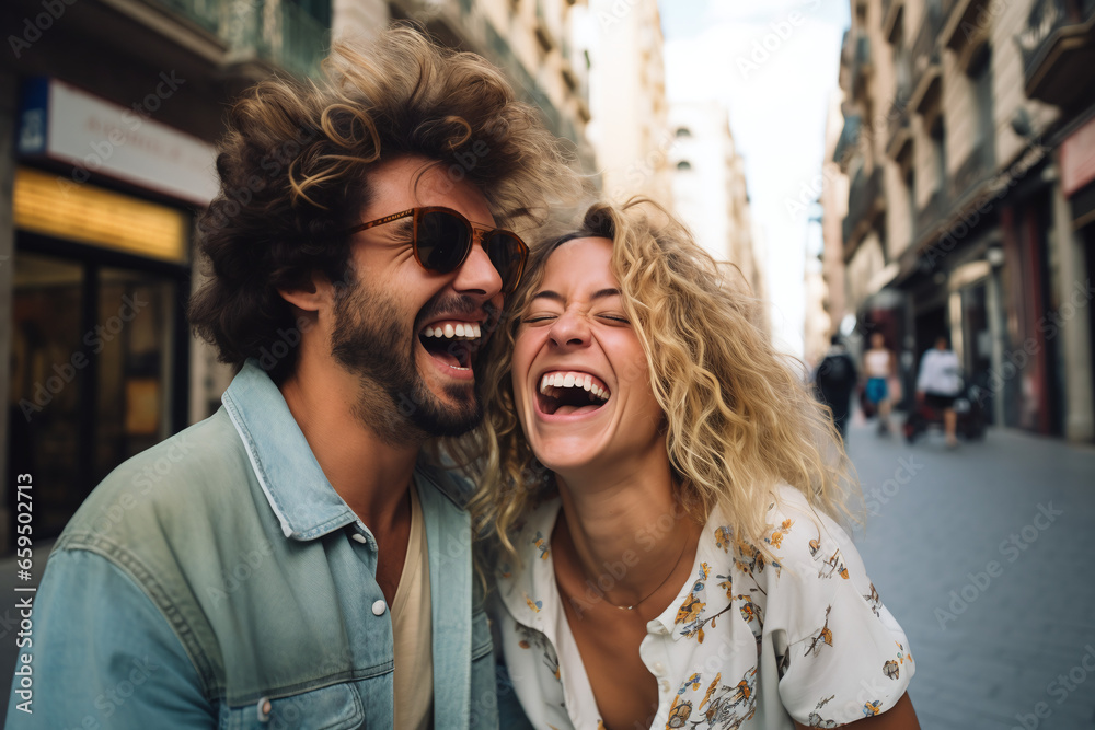 Young Beautiful couple laughs happily and walks through the streets of Barcelona