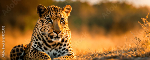 A leopard resting in the savanna in banner format