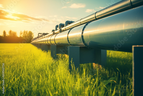 hydrogen pipeline in grass field highlighting eco-friendly, carbon-neutral and secure energy alternatives replacing residential natural gas made with Generative AI photo