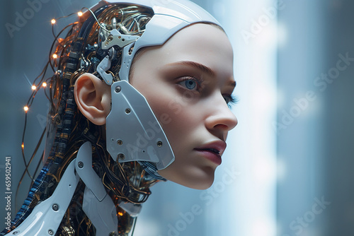 Close-up of a youthful android / humanoid head, showing both skin and metal features on its face. Future tech and artificial intelligence made with Generative AI