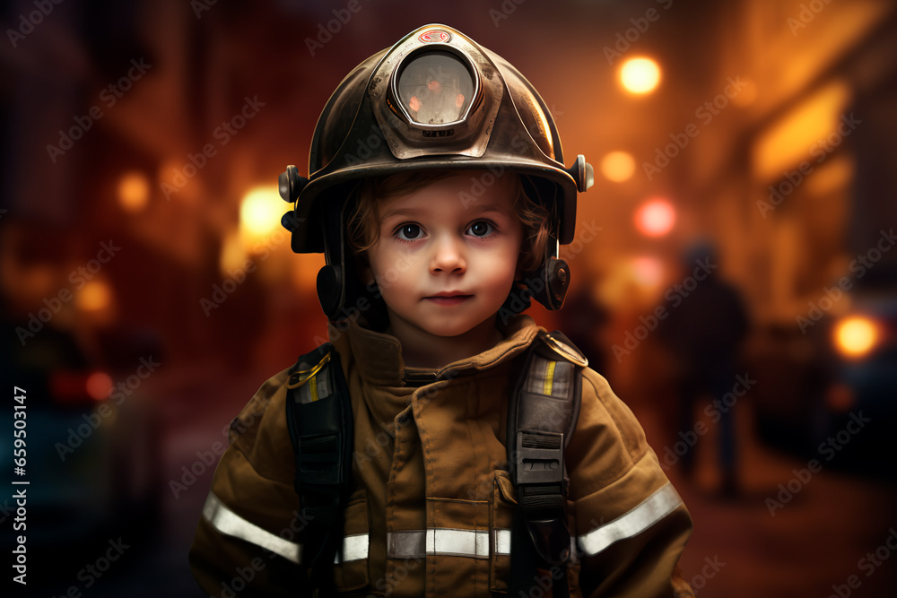 A child in a fireman's suit. Future firefighter. A child in a fireman's suit. Future firefighter.