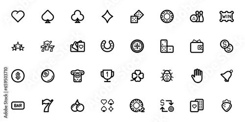 Simple Set of Gambling-Related Vector Icons, poker club and gambling casino black icons editable vector