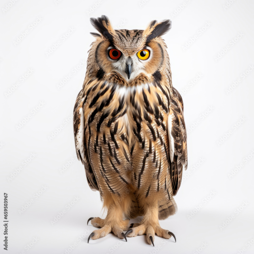Obraz premium Brown owl portrait, isolated on white background. Eurasian Eagle-Owl, Bubo bubo, standing in front