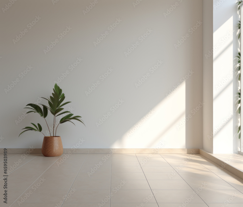 Plant against a white wall mockup. Empty light room interior. Plant against a white wall mockup. Empty light room interior.