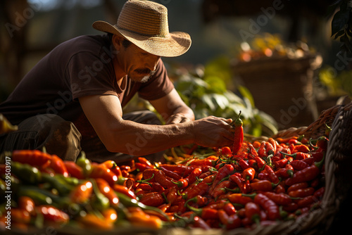 Farmer harvesting red hot chili pepper, picking spice on the plantation, growing vegetables on the field photo