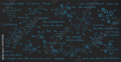 Chemical formulas drawn with blue chalk on a blackboard.
