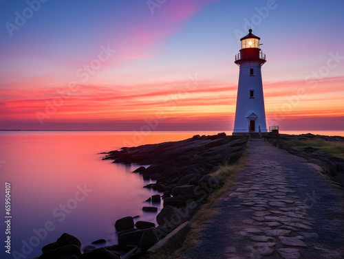 A serene coastal landscape at daybreak featuring a vintage lighthouse with vibrant colors and tranquility.