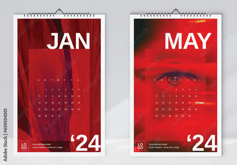 Red Modern Wall Calendar 2024 Stock Template | Adobe Stock