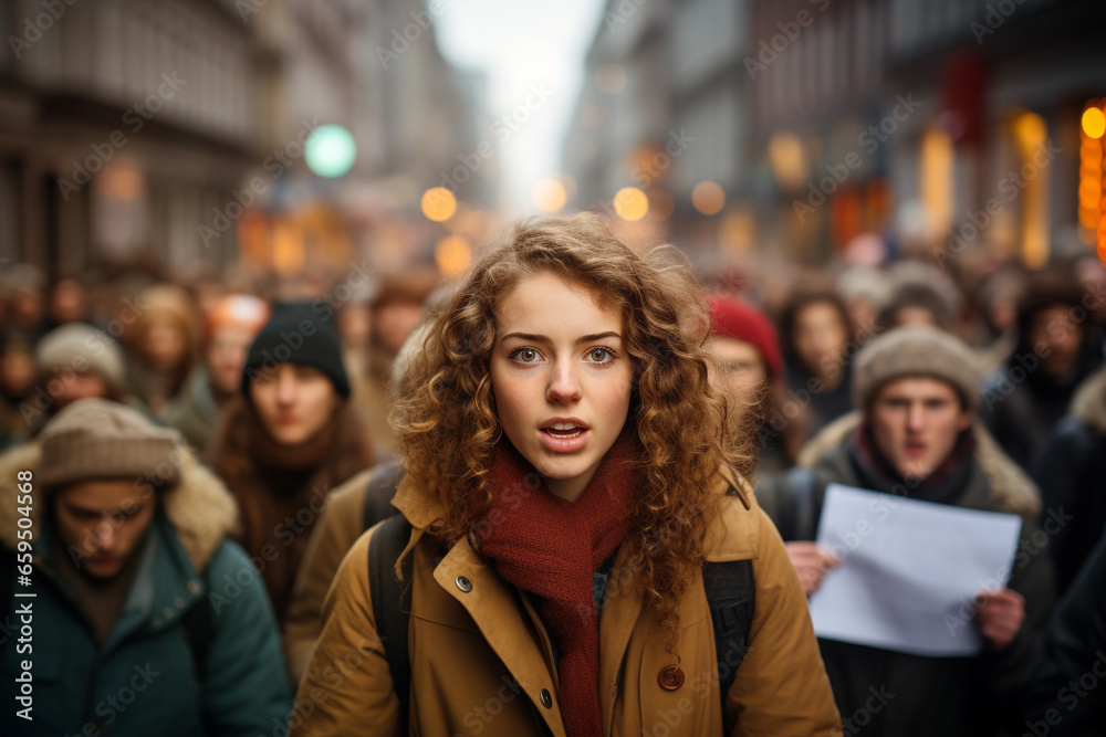 Fototapeta premium Crowd of people at a protest, human rights demonstration, social issue, political activist, global warming and climate change