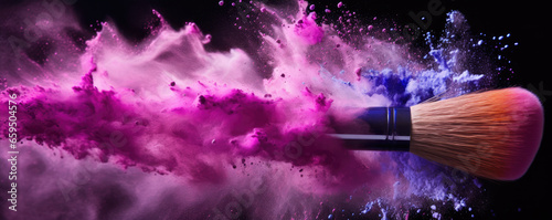 Pink purple powder explosion with makeup brush, photo