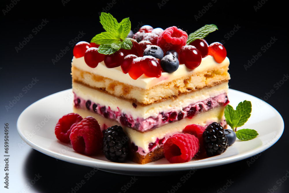 Image of delicious cake with raspberries on top Image of delicious cake with raspberries on top