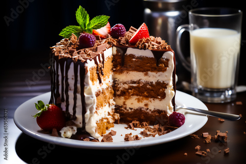 Image of delicious chocolate cake with strawberries on top. Cake slice