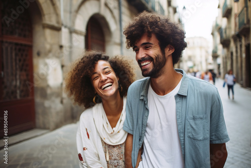 Young Beautiful couple laughs happily and walks through the streets of Barcelona