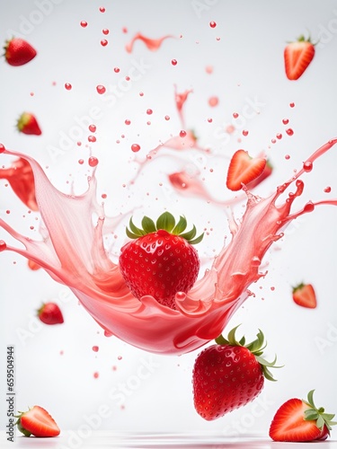 Sweet fresh strawberry juice or jam splash swirl with strawberry. Red berry juice splashing, strawberries juice isolated