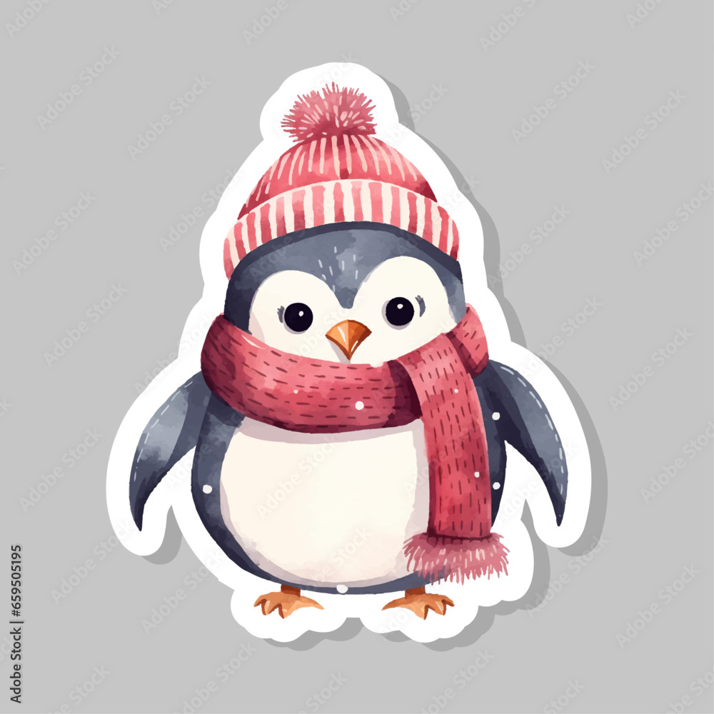 Naklejka premium Vector flat cartoon penguin wearing winter outfit Funny polar winter bird banner poster greeting card. Cartoon character wild penguin in watercolordesign. Vector illustration isolated sticker