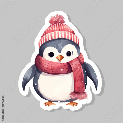 Vector flat cartoon penguin wearing winter outfit Funny polar winter bird banner poster greeting card. Cartoon character wild penguin in watercolordesign. Vector illustration isolated sticker    photo
