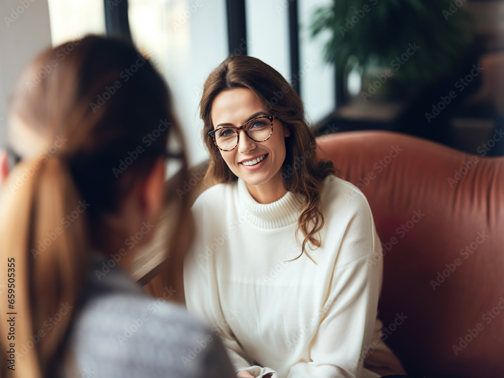 A woman psychotherapist in glasses is talking to a client - obrazy, fototapety, plakaty 