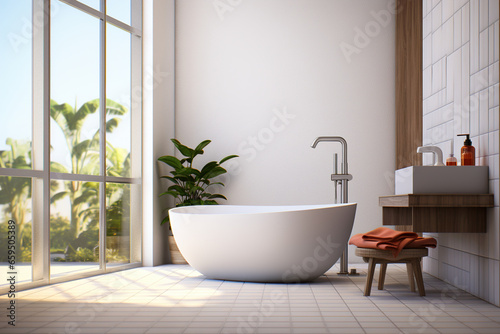 Empty airy bathroom with white walls  a large window  and palms