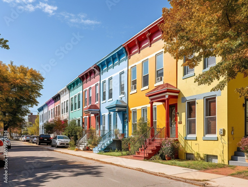 A vibrant neighborhood with a row of colorful townhouses displaying a lively atmosphere.