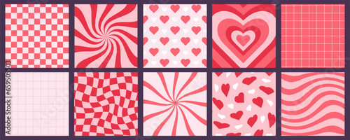 Valentine's Day backdrops set, group of square covers, cards, single patterns, decorations for Lover Day holiday in a retro style. Vector illustration.