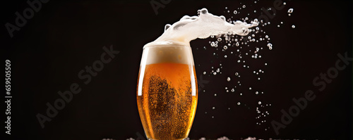 Glass of beer with white froth on black background. photo