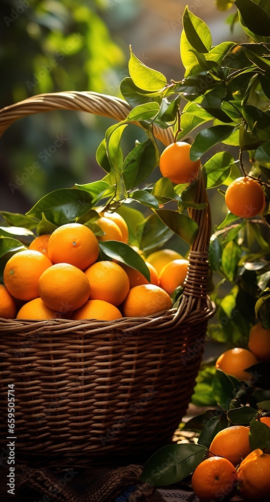 Close-up of ripe juicy tangerines in greenery on tree branches