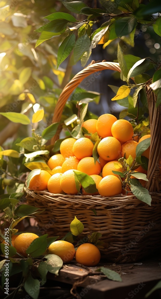 Close-up of ripe juicy tangerines in greenery on tree branches