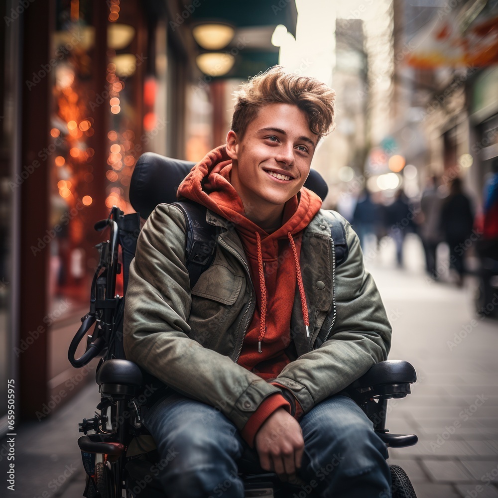 Gen Z boy in a wheelchair in the city Gen Z boy in a wheelchair in the city