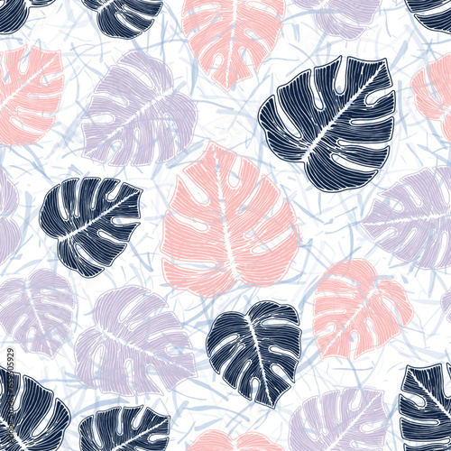 Philodendron jungle foliage floral repeat pattern over noisy background.